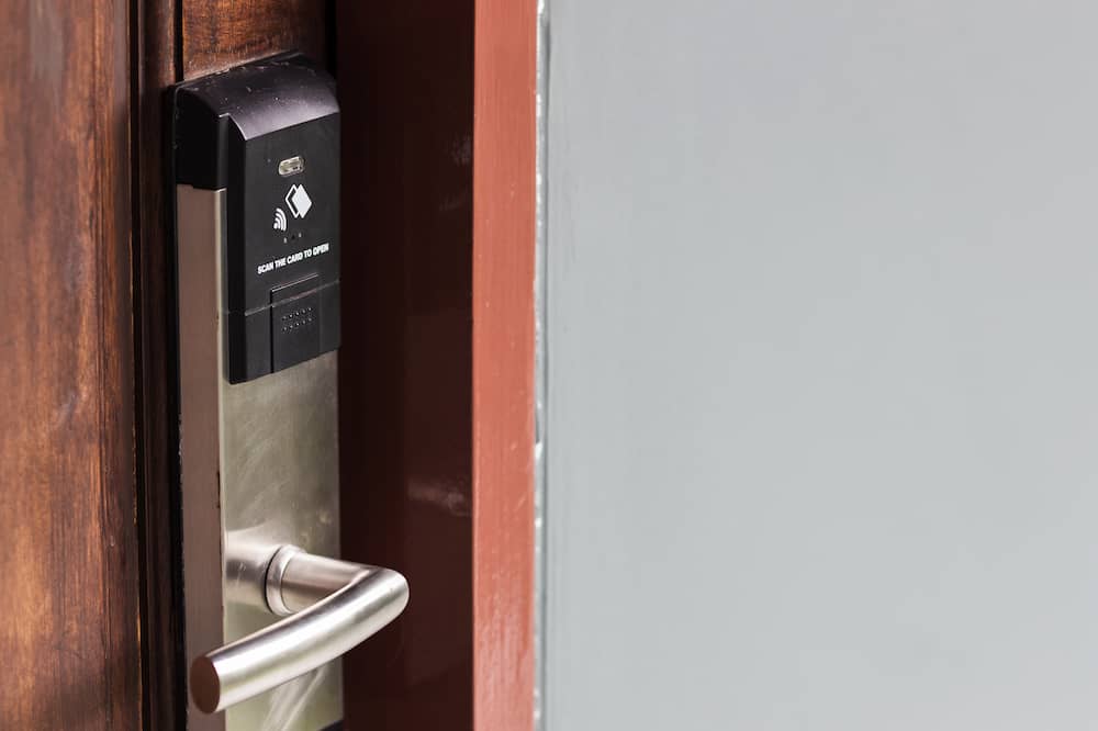 Access control card reader on an office building door