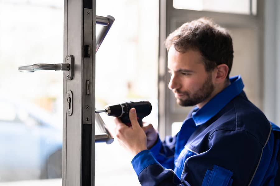 Emergency commercial door repair at an office building entrance